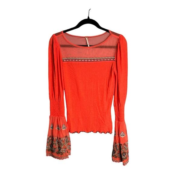 Free People Orange Top Mesh and Embroidered Detail & Bell Sleeves Size Small - Picture 1 of 6
